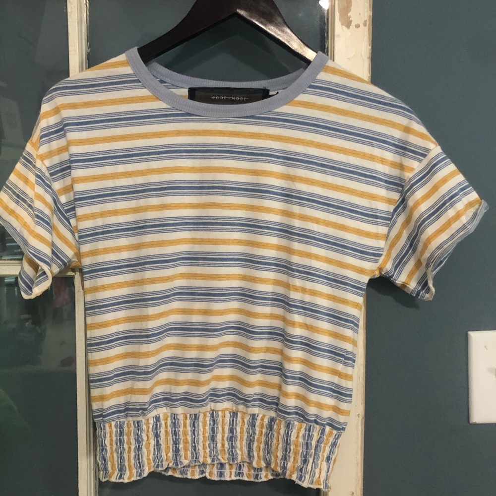 White blue and yellow striped cropped t-shirt